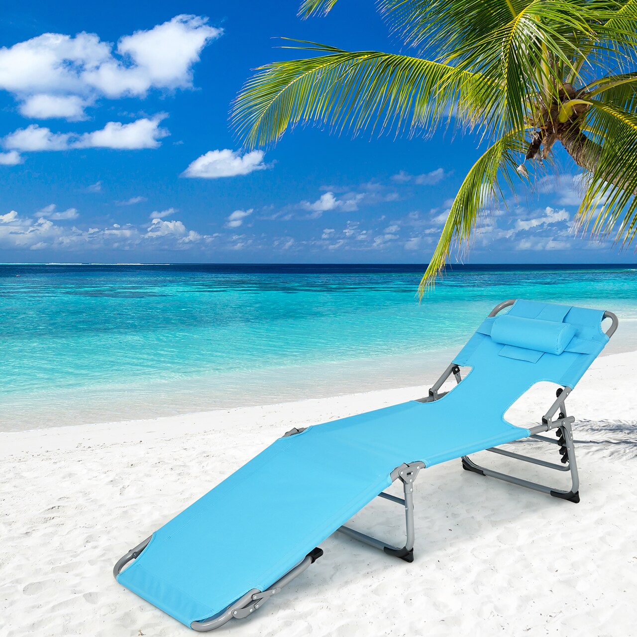 Goplus Outdoor Beach Lounge Chair Folding Chaise Lounge with Pillow Blue\Blue&Green\Black\Grey\Turquoise\Pink\Beige\Light Pink